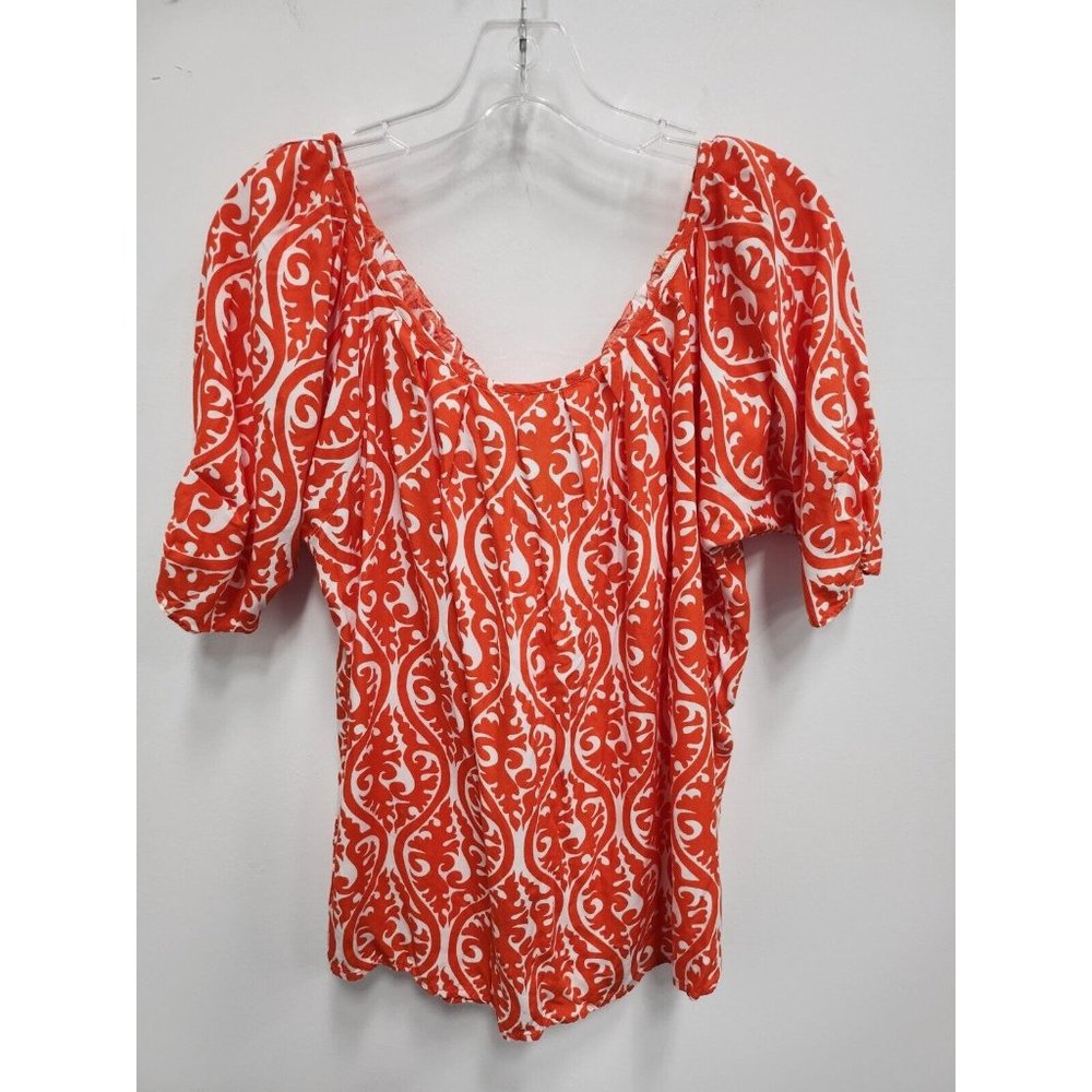 Escapada Womens Blouse Size Large Orange White Floral Tie Back Off Shoulder BOHO